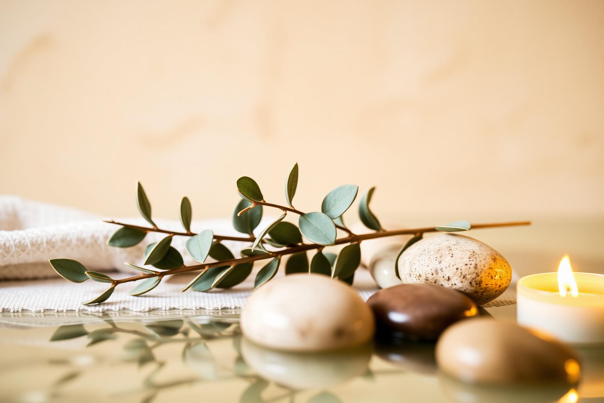 Serene spa setting with eucalyptus and stones
